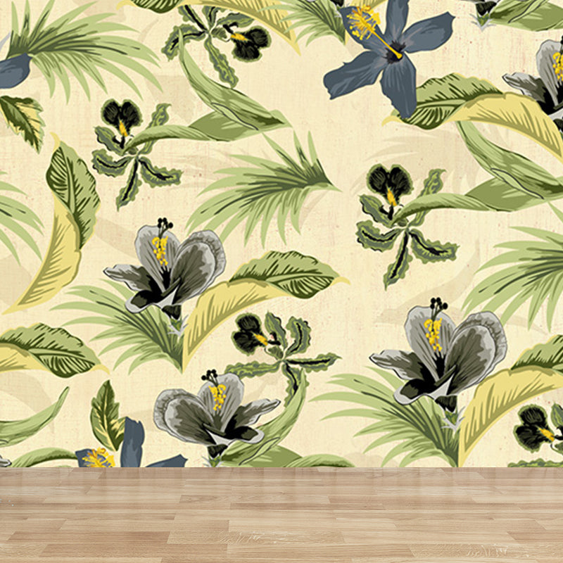 Tropical Wild Botanical Wall Mural for Boys Bedroom Customised Wall Art in Soft Color Light Green Clearhalo 'Wall Decor' 'Wall Mural' 1699381