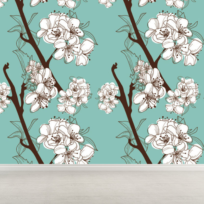 Contemporary Flower Blossom Wall Mural Non-Woven Waterproofing Blue Wall Art for Playroom Clearhalo 'Wall Decor' 'Wall Mural' 1699633