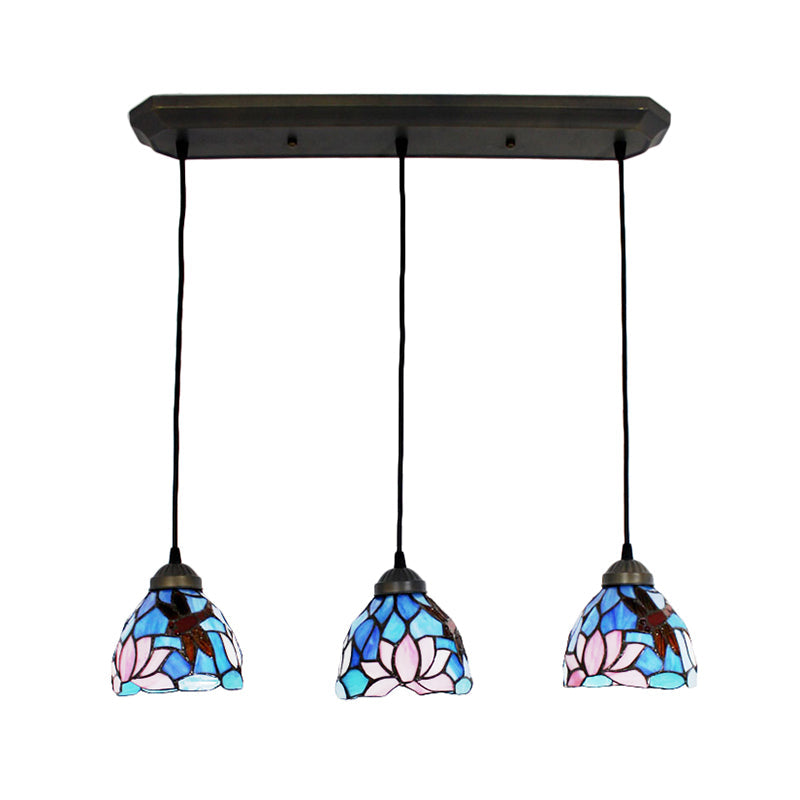 Hanging Lights for Dining Table, 3-Light Dragonfly Linear Ceiling Fixture with Art Glass Shade Clearhalo 'Ceiling Lights' 'Industrial' 'Island Lights' 'Middle Century Pendants' 'Pendant Lights' 'Pendants' 'Tiffany close to ceiling' 'Tiffany Pendants' 'Tiffany' Lighting' 170149