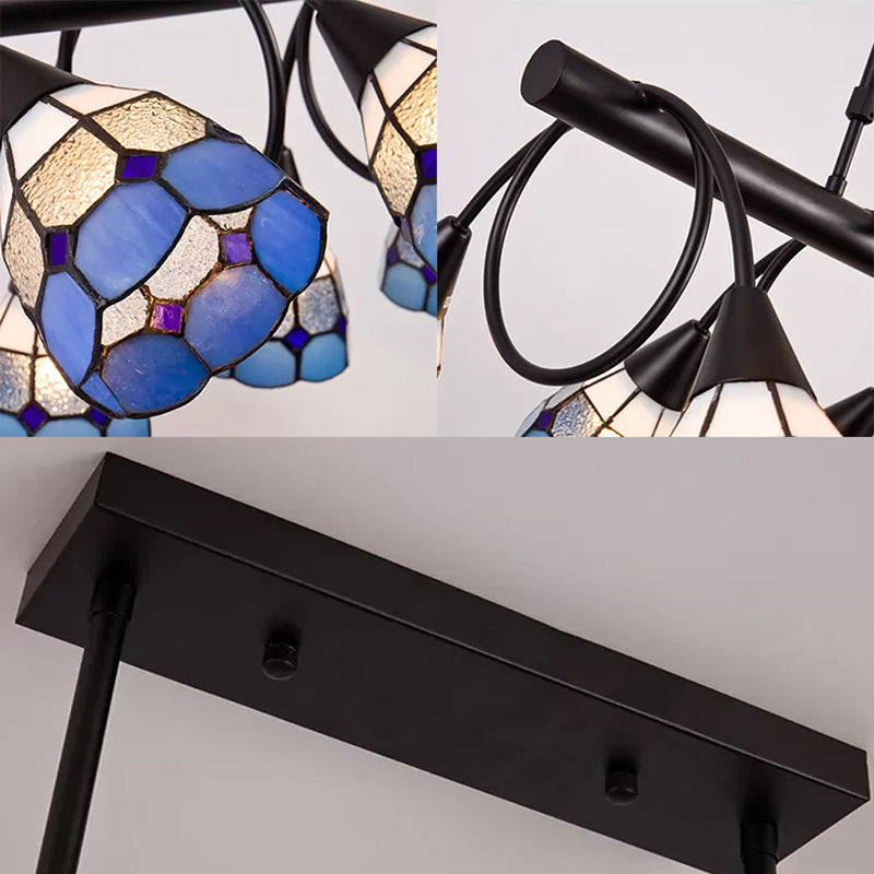 6/10 Lights Kitchen Island Lighting Tiffany Stylish Blue/Orange and Yellow Hanging Lamp with Dome Stainless Glass Shade Clearhalo 'Ceiling Lights' 'Chandeliers' 'Glass shade' 'Glass' 'Island Lights' 'Pendant Lights' 'Tiffany close to ceiling' 'Tiffany' Lighting' 170272