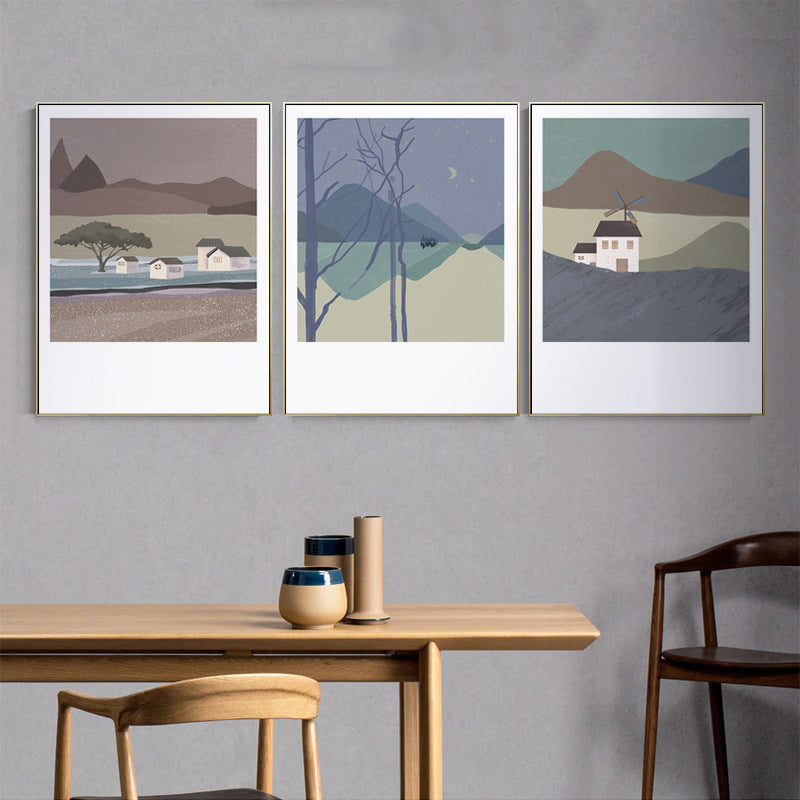 Illustration Farmhouse Canvas Wall Art with Night Village Scenery Drawing in Dark Color Clearhalo 'Art Gallery' 'Canvas Art' 'Country Art Gallery' 'French Country' 'Rustic' Arts' 1704665