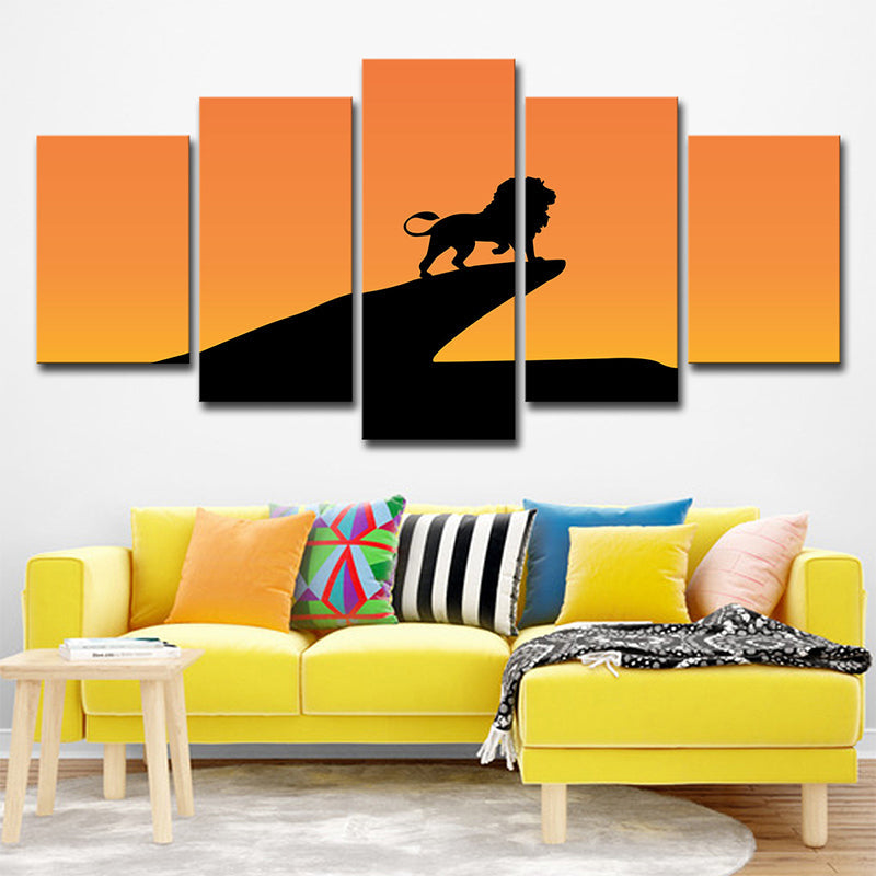 Orange Kids Canvas Print Sunset Lion on Cliff Shadow Wall Art for Sitting Room Clearhalo 'Art Gallery' 'Canvas Art' 'Kids' Arts' 1704699
