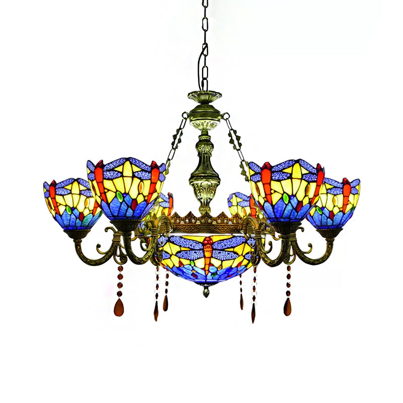 Chandeliers for Living Room, Dragonfly Pendant Ceiling Lamp with Stained Glass Shade and Amber Crystal Decoration Clearhalo 'Ceiling Lights' 'Chandeliers' 'Close To Ceiling Lights' 'Industrial' 'Middle Century Chandeliers' 'Tiffany Chandeliers' 'Tiffany close to ceiling' 'Tiffany' Lighting' 170488