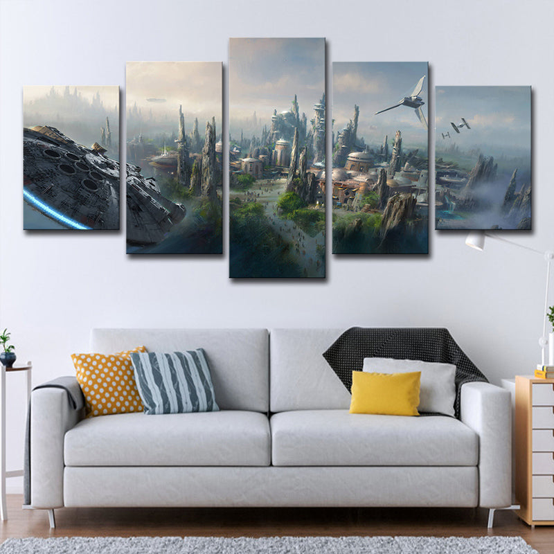 Blue Star War Scene Canvas Art Cityscape Futuristic Multi-Piece Wall Decor for Home Clearhalo 'Art Gallery' 'Canvas Art' 'Kids' Arts' 1705664