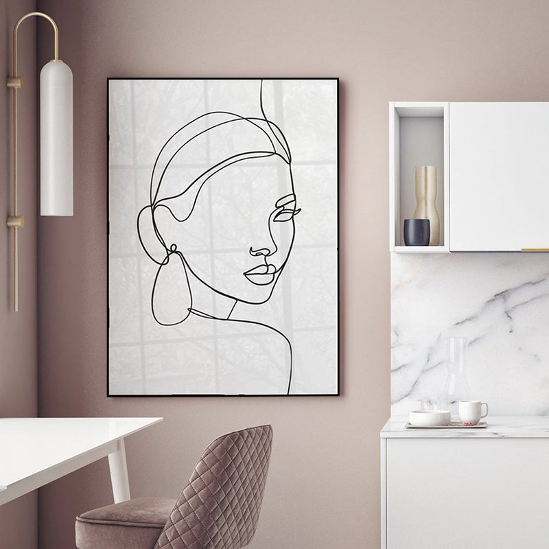 Pretty Woman Face Wall Art Girls Bedroom Line Drawing Canvas Print in Black-White Blanco Clearhalo 'Art Gallery' 'Arte de Lienzo' 'Arte' 'Canvas Art' 'Contemporary Art Gallery' 'Contemporary Art' 'Hogar' 'Minimalism' 'Minimalist Art Gallery' 'Scandinavian' Arts' 1706064