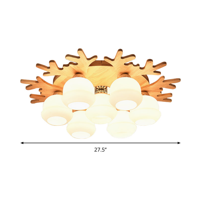 White Bud Shade Ceiling Mount Light with Beige Antlers Lovely Wooden Ceiling Lamp for Kid Bedroom Clearhalo 'Ceiling Lights' 'Close To Ceiling Lights' 'Close to ceiling' 'Semi-flushmount' Lighting' 170674