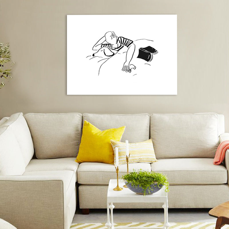 Minimalistic Canvas Art Black-White Man and His Dog Sleeping Pencil Drawing Wall Decor Clearhalo 'Art Gallery' 'Canvas Art' 'Contemporary Art Gallery' 'Contemporary Art' 'Minimalism' 'Minimalist Art Gallery' 'Scandinavian' Arts' 1707196