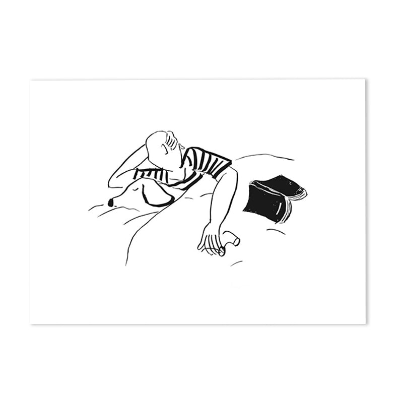 Minimalistic Canvas Art Black-White Man and His Dog Sleeping Pencil Drawing Wall Decor Clearhalo 'Art Gallery' 'Canvas Art' 'Contemporary Art Gallery' 'Contemporary Art' 'Minimalism' 'Minimalist Art Gallery' 'Scandinavian' Arts' 1707197