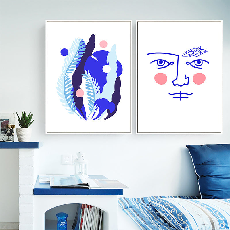 Pencil Line Figure Face Canvas Art Minimalism Textured Wall Decor in Pastel Color Dark Blue Clearhalo 'Art Gallery' 'Canvas Art' 'Contemporary Art Gallery' 'Contemporary Art' 'Minimalism' 'Minimalist Art Gallery' 'Scandinavian' Arts' 1707324