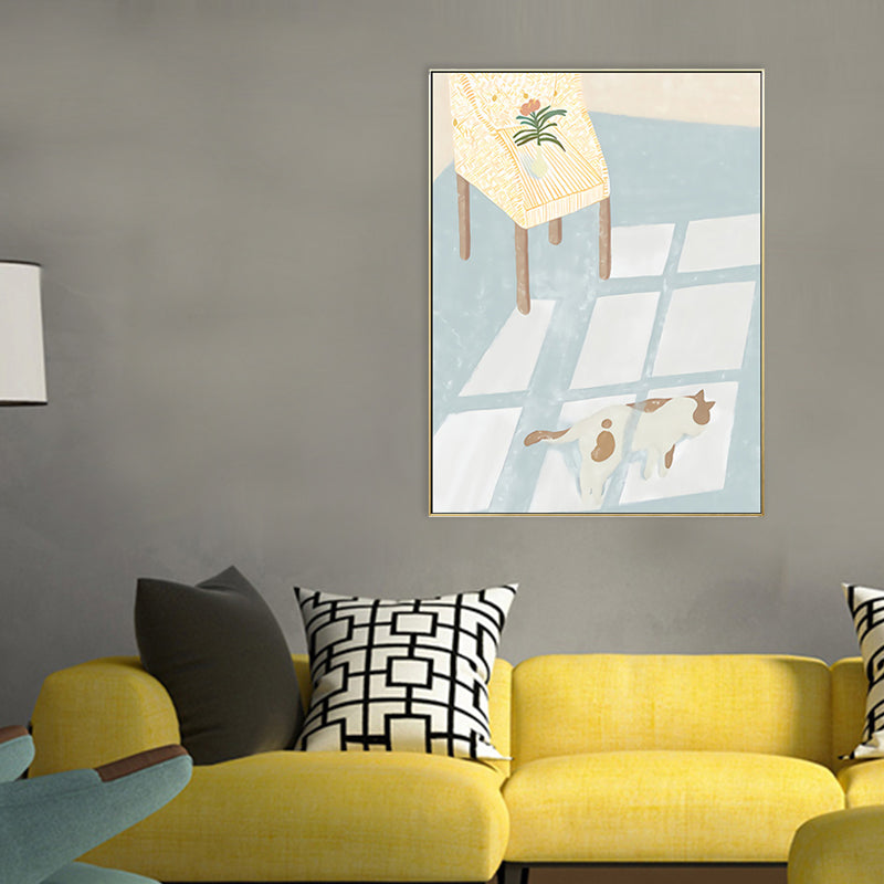 Cat with Floor Sunlight Art Print Cartoon Canvas Wall Decor in Light Blue for Room Light Blue Clearhalo 'Art Gallery' 'Canvas Art' 'Kids' Arts' 1707378