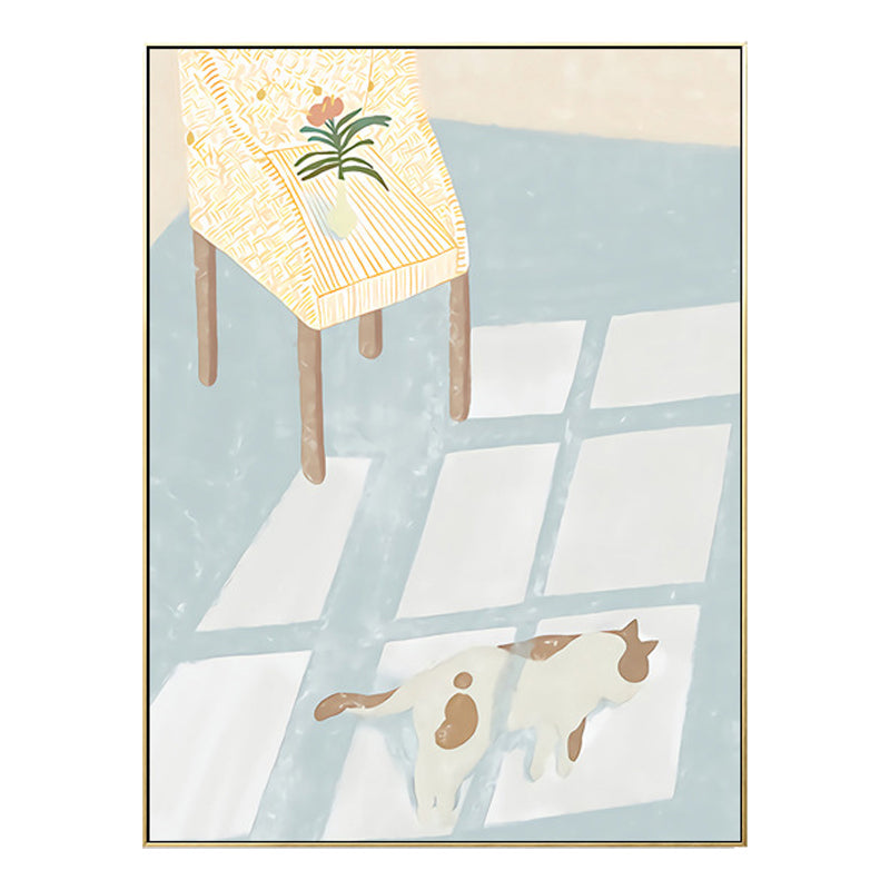 Cat with Floor Sunlight Art Print Cartoon Canvas Wall Decor in Light Blue for Room Clearhalo 'Art Gallery' 'Canvas Art' 'Kids' Arts' 1707381