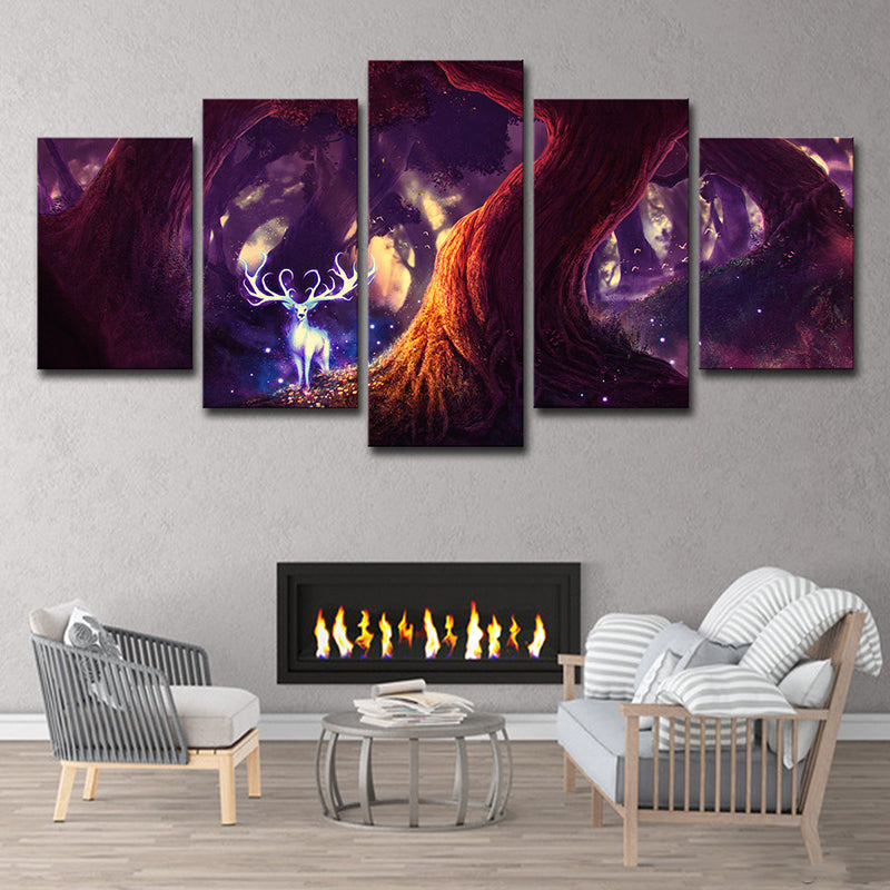 Fairy Tale Forest Deer Canvas Cartoon Multi-Piece Wall Art Decor in Purple for Home Clearhalo 'Art Gallery' 'Canvas Art' 'Kids' Arts' 1707786