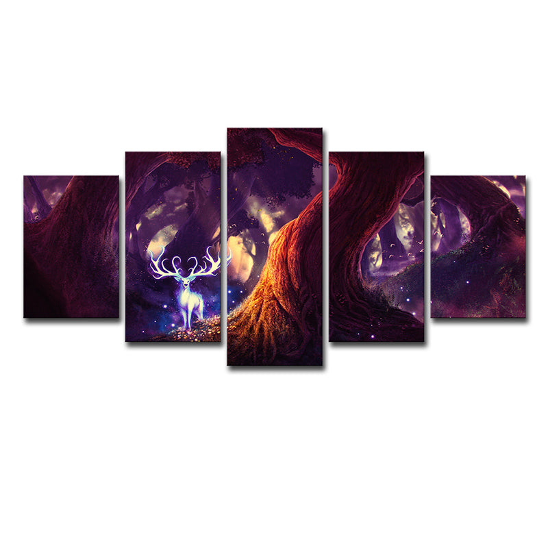 Fairy Tale Forest Deer Canvas Cartoon Multi-Piece Wall Art Decor in Purple for Home Clearhalo 'Art Gallery' 'Canvas Art' 'Kids' Arts' 1707787