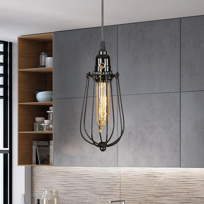 Black Bulb Shaped Hanging Lamp Industrial Metal 1 Light Kitchen Height Adjustable Pendant Light with Wire Guard Black 4" Clearhalo 'Art Deco Pendants' 'Black' 'Cast Iron' 'Ceiling Lights' 'Ceramic' 'Crystal' 'Industrial Pendants' 'Industrial' 'Metal' 'Middle Century Pendants' 'Pendant Lights' 'Pendants' 'Rustic Pendants' 'Tiffany' Lighting' 17078