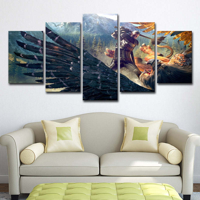 Dark Blue Kids Wall Art Digital Print Witcher Fight Against Eagle Game Scene Canvas for Room Clearhalo 'Art Gallery' 'Canvas Art' 'Kids' Arts' 1707973