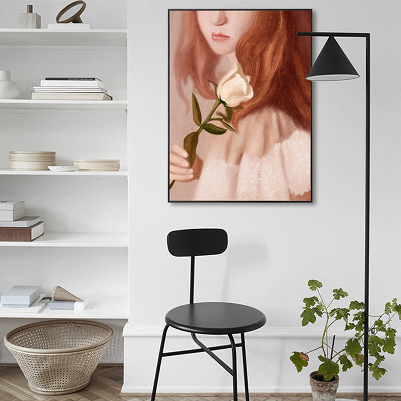 Girl with Rose Wall Art Countryside Canvas Painting in Brown for Living Room, Multiple Sizes Brown Clearhalo 'Art Gallery' 'Canvas Art' 'Traditional' Arts' 1708088