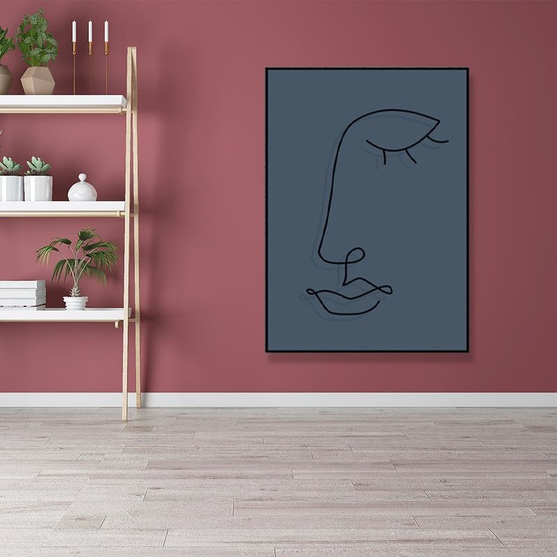 Pencil Line Face Sketch Art Print Blue Girls Bedroom Wall Decor, Texture Surface Blue Design 2 Clearhalo 'Art Gallery' 'Canvas Art' 'Contemporary Art Gallery' 'Contemporary Art' 'Minimalism' 'Minimalist Art Gallery' 'Scandinavian' Arts' 1708190