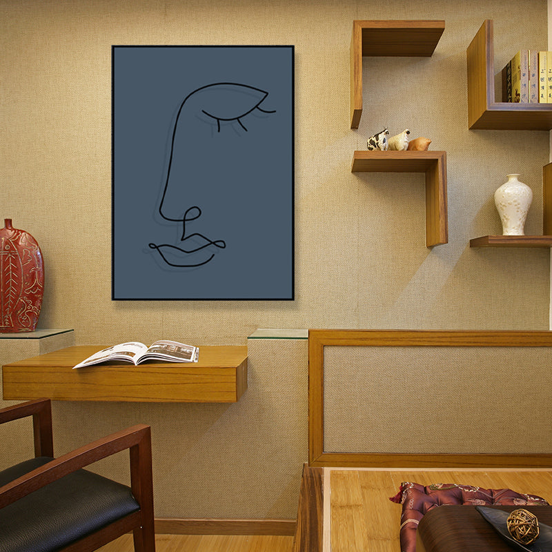 Pencil Line Face Sketch Art Print Blue Girls Bedroom Wall Decor, Texture Surface Clearhalo 'Art Gallery' 'Canvas Art' 'Contemporary Art Gallery' 'Contemporary Art' 'Minimalism' 'Minimalist Art Gallery' 'Scandinavian' Arts' 1708191