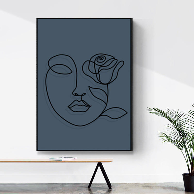 Pencil Line Face Sketch Art Print Blue Girls Bedroom Wall Decor, Texture Surface Blue Design 5 Clearhalo 'Art Gallery' 'Canvas Art' 'Contemporary Art Gallery' 'Contemporary Art' 'Minimalism' 'Minimalist Art Gallery' 'Scandinavian' Arts' 1708202
