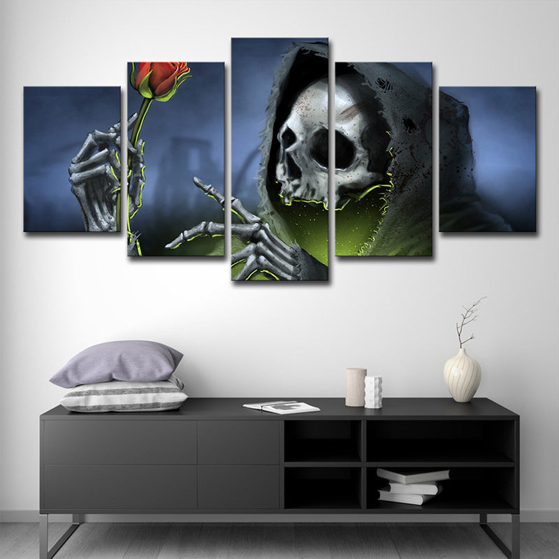 Grim Reaper with Rose Art Print Modern Style Multi-Piece Wall Decor in Blue for Room Clearhalo 'Art Gallery' 'Canvas Art' 'Contemporary Art Gallery' 'Modern' Arts' 1709038