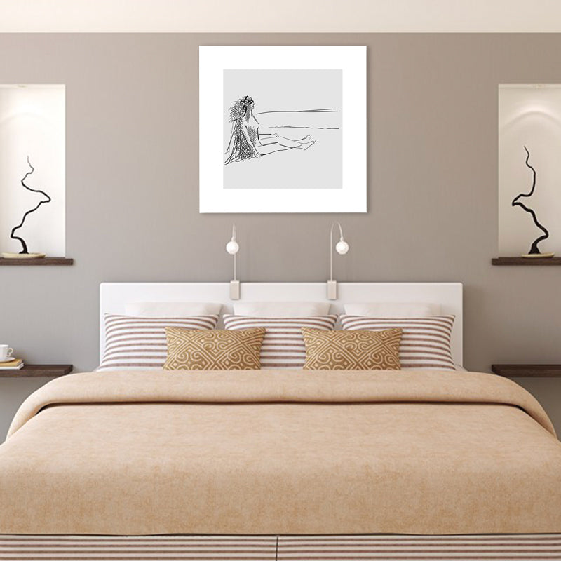 Man Sit Against Wall Canvas for Home Line Figure Drawing Art Print in Black-White, Texture Clearhalo 'Art Gallery' 'Canvas Art' 'Contemporary Art Gallery' 'Contemporary Art' 'Minimalism' 'Minimalist Art Gallery' 'Scandinavian' Arts' 1709075