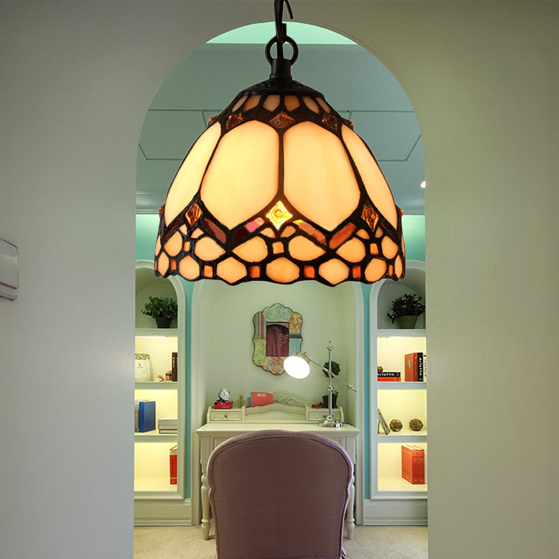 1 Bulb Dome Down Lighting Pendant Tiffany-Style Beige Stained Glass Suspension Lamp for Entry Clearhalo 'Ceiling Lights' 'Close To Ceiling Lights' 'Industrial' 'Middle Century Pendants' 'Pendant Lights' 'Pendants' 'Tiffany close to ceiling' 'Tiffany Pendants' 'Tiffany' Lighting' 170961