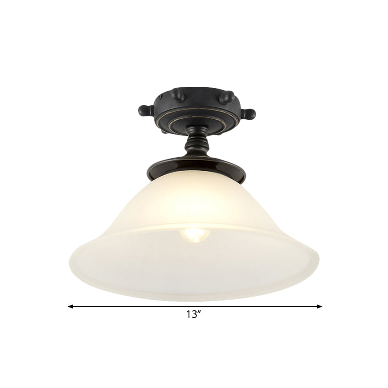 Bell Semi Flush Mount Mediterranean Opaline Glass 1 Light Black Close to Ceiling Lighting Clearhalo 'Ceiling Lights' 'Close To Ceiling Lights' 'Close to ceiling' 'Semi-flushmount' Lighting' 1709871