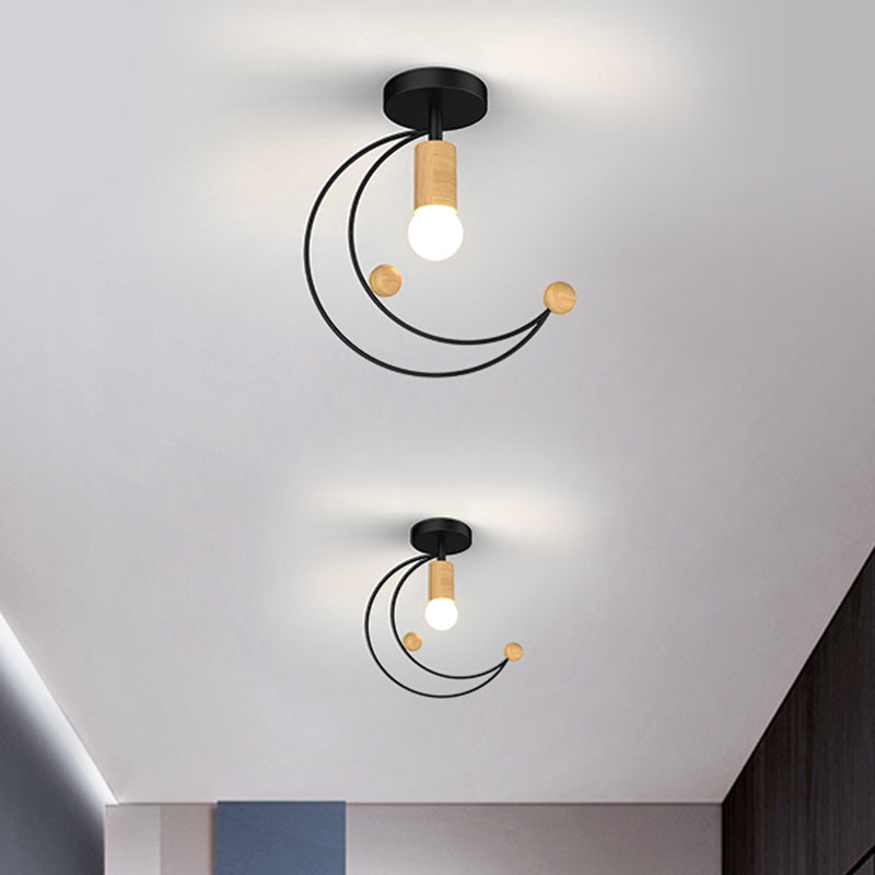Metallic Crescent Ceiling Light Modernism 1 Bulb Semi Flush Mount Lighting with Wooden Ball Deco in Black/White/Grey Black Clearhalo 'Ceiling Lights' 'Close To Ceiling Lights' 'Close to ceiling' 'Semi-flushmount' Lighting' 1709876