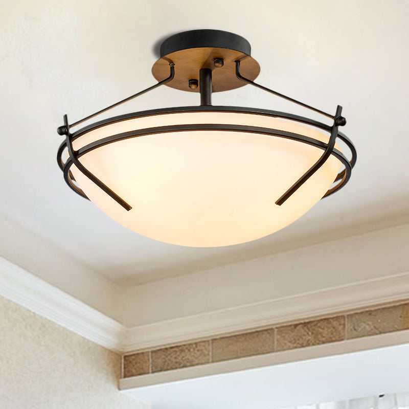 Bowl Bedroom Semi Flush Mount Traditional Opaque Glass 3 Heads Black Ceiling Light Fixture Black Clearhalo 'Ceiling Lights' 'Close To Ceiling Lights' 'Close to ceiling' 'Glass shade' 'Glass' 'Semi-flushmount' Lighting' 1710306
