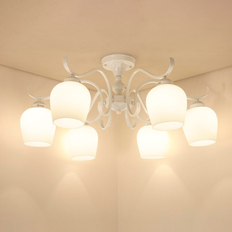 18.5"/24.5" W White 6-Light Ceiling Lamp Countryside Opaline Glass Cone Semi Flush Chandelier Clearhalo 'Ceiling Lights' 'Close To Ceiling Lights' 'Close to ceiling' 'Glass shade' 'Glass' 'Island Lights' 'Semi-flushmount' Lighting' 1710315