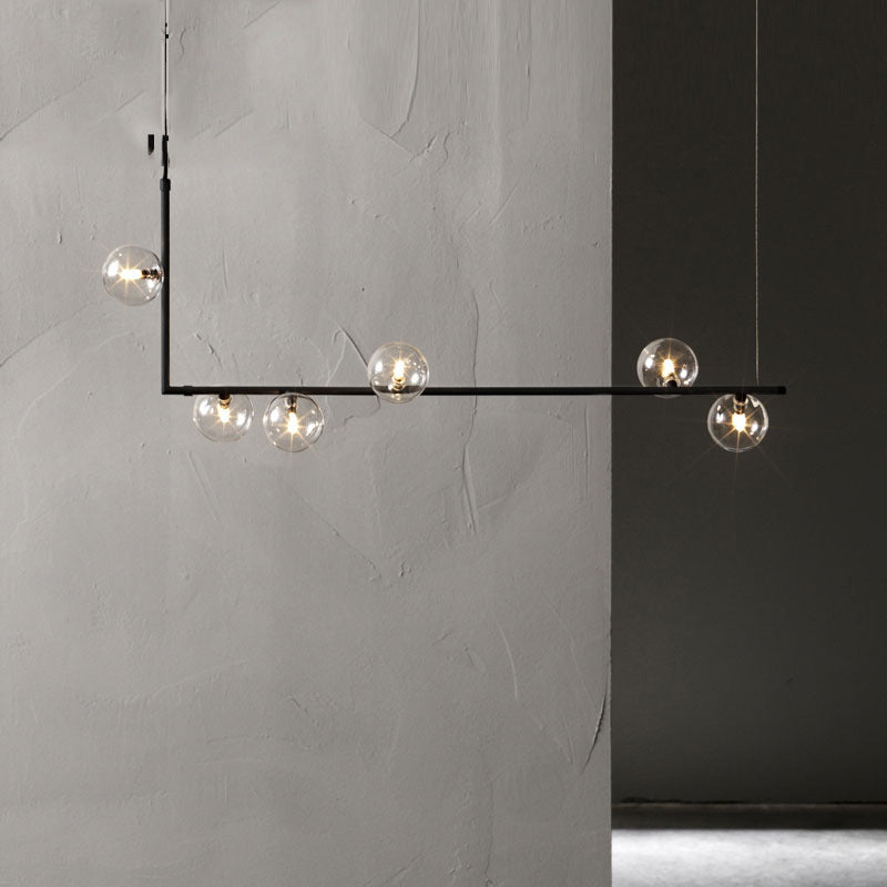 Clear Glass Globe Island Pendant Modernist 6 Bulbs Hanging Lamp Kit in Black with Right Angled Frame, Warm/White Light Black Clearhalo 'Ceiling Lights' 'Chandeliers' 'Glass shade' 'Glass' 'Island Lights' Lighting' 1710333