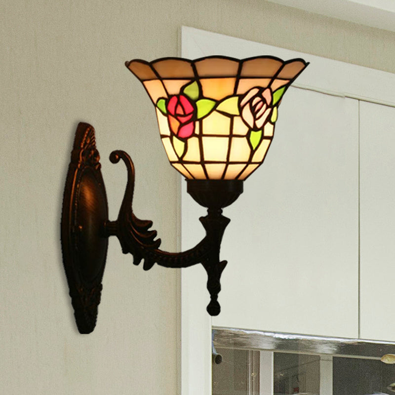 Flared Wall Light Sconce 1 Bulb Stained Glass Tiffany Style Wall Mounted Lamp in Red/Pink/Blue with Floral Pattern Clearhalo 'Art deco wall lights' 'Cast Iron' 'Glass' 'Industrial' 'Middle century wall lights' 'Modern' 'Tiffany wall lights' 'Tiffany' 'Traditional wall lights' 'Wall Lamps & Sconces' 'Wall Lights' Lighting' 1710360