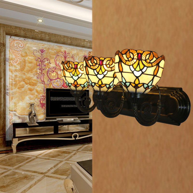 Stained Glass Brass Wall Lamp Scalloped Dome 3 Heads Tiffany Wall Mounted Lighting for Corridor Clearhalo 'Art deco wall lights' 'Cast Iron' 'Glass' 'Industrial' 'Middle century wall lights' 'Modern' 'Tiffany wall lights' 'Tiffany' 'Traditional wall lights' 'Wall Lamps & Sconces' 'Wall Lights' Lighting' 1710406