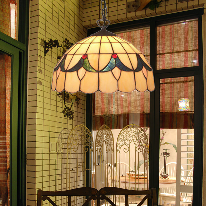 1 Bulb Hemisphere Ceiling Light Tiffany-Style Beige Handcrafted Art Glass Suspended Lighting Fixture Clearhalo 'Ceiling Lights' 'Chandeliers' 'Industrial' 'Middle Century Pendants' 'Pendant Lights' 'Pendants' 'Tiffany close to ceiling' 'Tiffany Pendants' 'Tiffany' Lighting' 171058