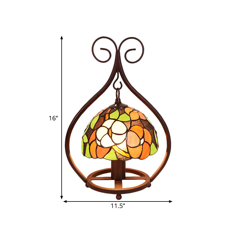 Baroque Bowl Night Lamp 1-Head Hand Cut Glass Nightstand Light with Brown Scrolled Arm Clearhalo 'Lamps' 'Table Lamps' Lighting' 1710861