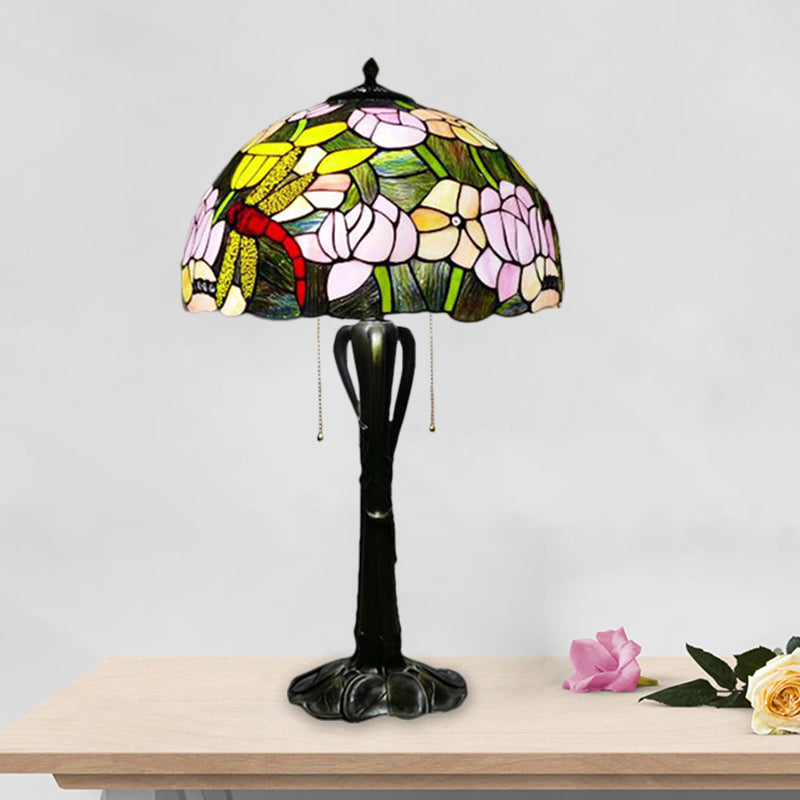 Cone/Dome Nightstand Lighting Victorian Cut Glass 2-Head Gold Pull Chain Table Lamp with Blossom Pattern Clearhalo 'Lamps' 'Table Lamps' Lighting' 1710973