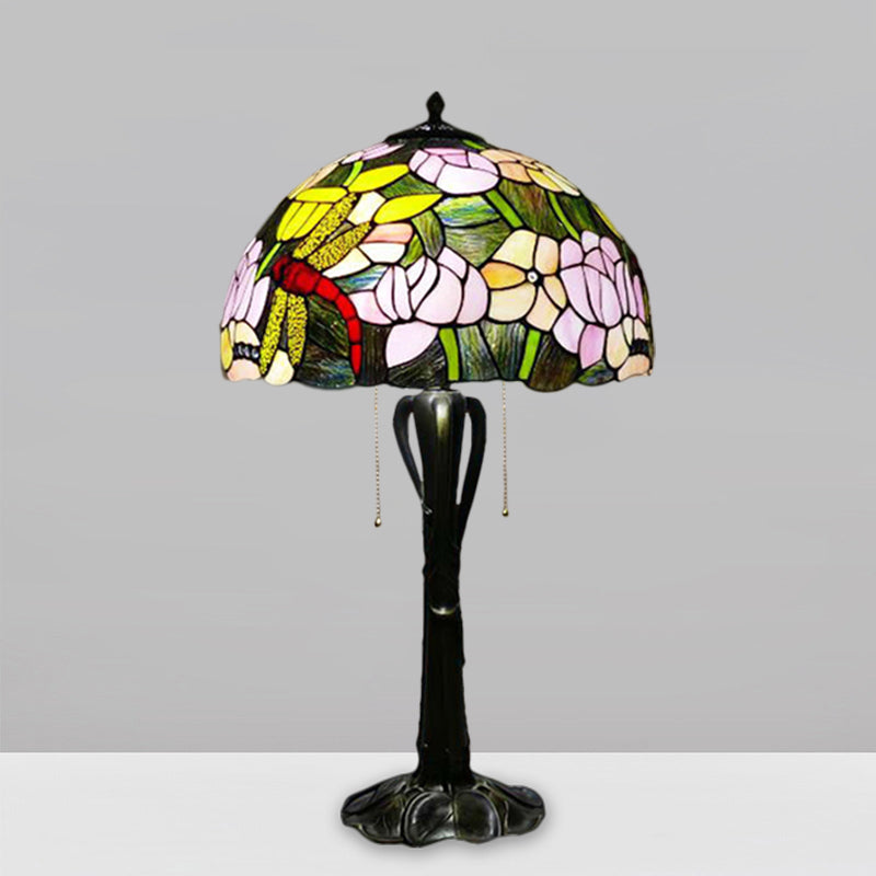 Cone/Dome Nightstand Lighting Victorian Cut Glass 2-Head Gold Pull Chain Table Lamp with Blossom Pattern Clearhalo 'Lamps' 'Table Lamps' Lighting' 1710974