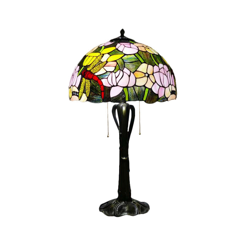 Cone/Dome Nightstand Lighting Victorian Cut Glass 2-Head Gold Pull Chain Table Lamp with Blossom Pattern Clearhalo 'Lamps' 'Table Lamps' Lighting' 1710975