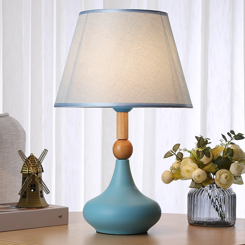 Barrel Task Lighting Macaron Fabric 1 Head Grey/Pink/Blue Night Table Light with Metallic Vase Base Clearhalo 'Lamps' 'Table Lamps' Lighting' 1711092