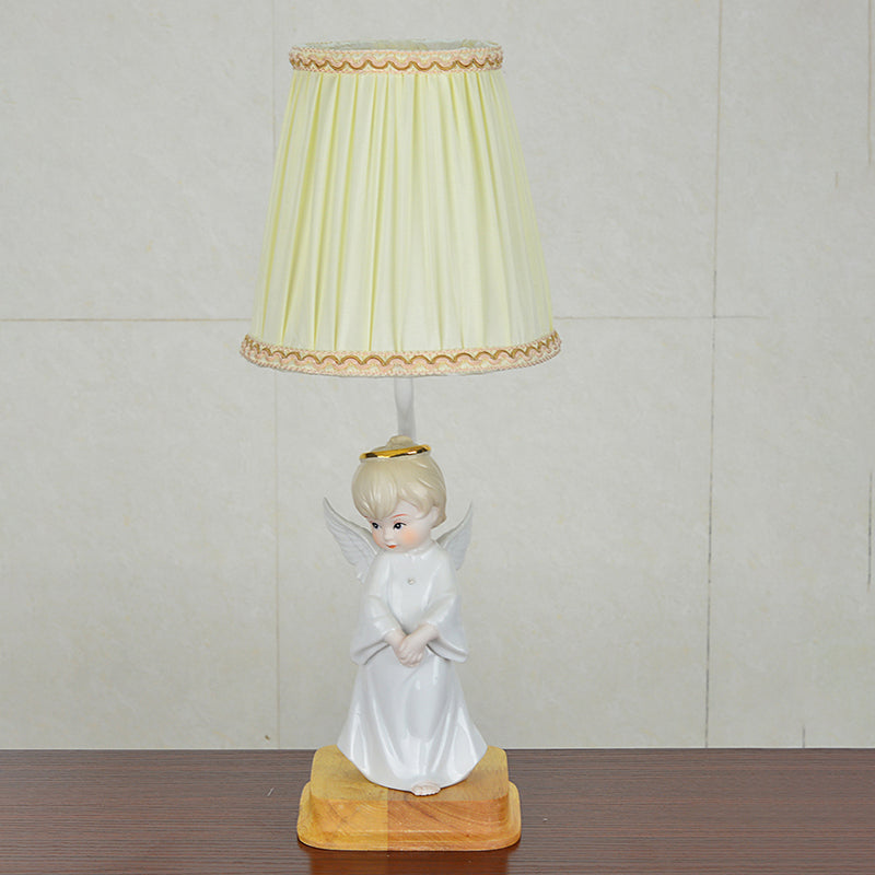 Yellow Cone Nightstand Lamp Nordic 1 Light Pleated Fabric Shade Desk Lighting with Angel Deco Clearhalo 'Lamps' 'Table Lamps' Lighting' 1711146