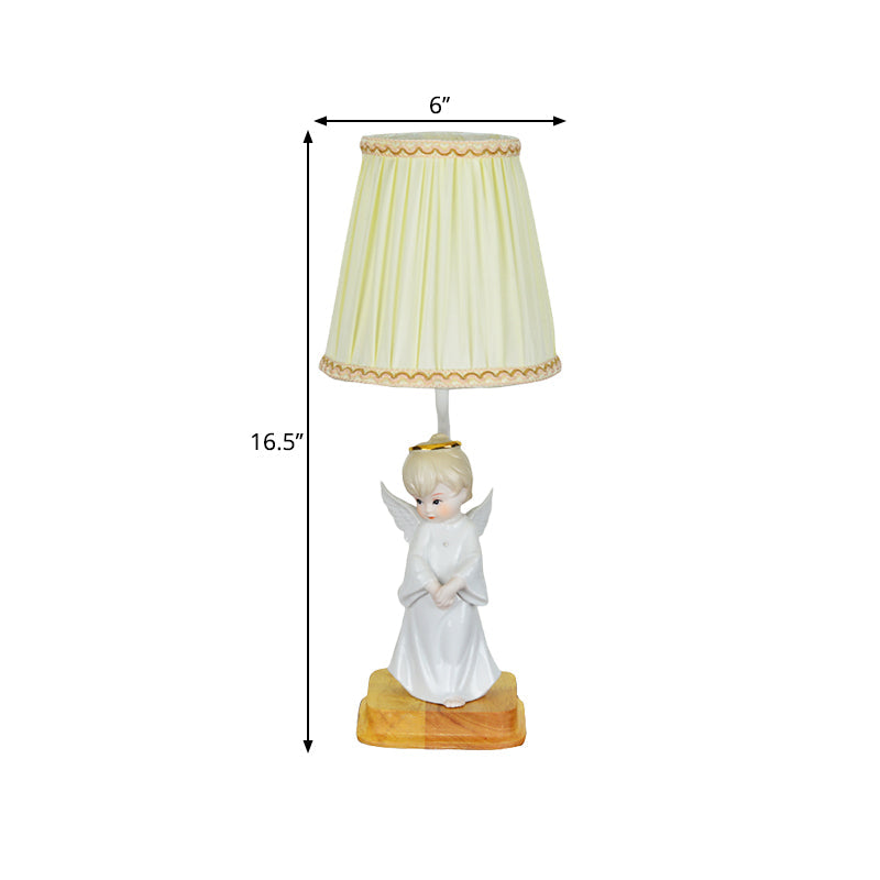 Yellow Cone Nightstand Lamp Nordic 1 Light Pleated Fabric Shade Desk Lighting with Angel Deco Clearhalo 'Lamps' 'Table Lamps' Lighting' 1711148