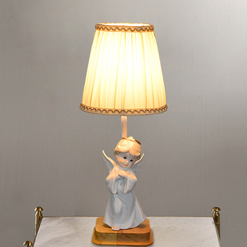Yellow Cone Nightstand Lamp Nordic 1 Light Pleated Fabric Shade Desk Lighting with Angel Deco Clearhalo 'Lamps' 'Table Lamps' Lighting' 1711150