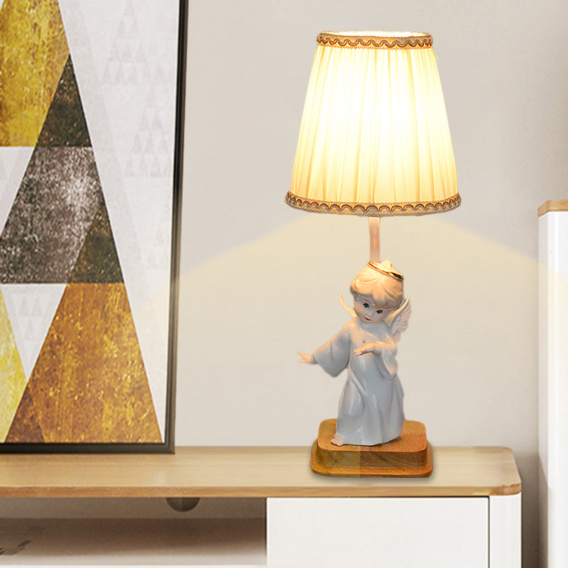 Yellow Cone Nightstand Lamp Nordic 1 Light Pleated Fabric Shade Desk Lighting with Angel Deco Clearhalo 'Lamps' 'Table Lamps' Lighting' 1711155