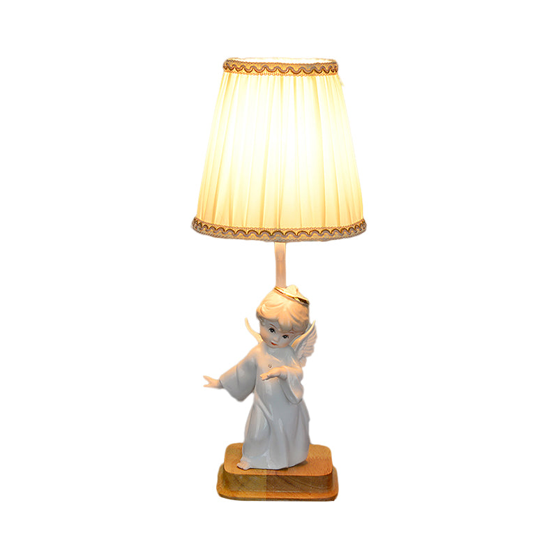 Yellow Cone Nightstand Lamp Nordic 1 Light Pleated Fabric Shade Desk Lighting with Angel Deco Clearhalo 'Lamps' 'Table Lamps' Lighting' 1711157