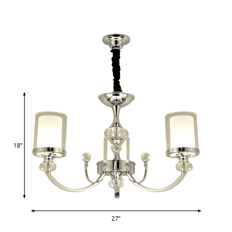 Dual-Layer Cylinder Parlor Ceiling Lamp Clear and Opal Glass 3-Head Minimalism Chandelier with Crystal Deco in Chrome Clearhalo 'Ceiling Lights' 'Chandeliers' 'Modern Chandeliers' 'Modern' Lighting' 1711363