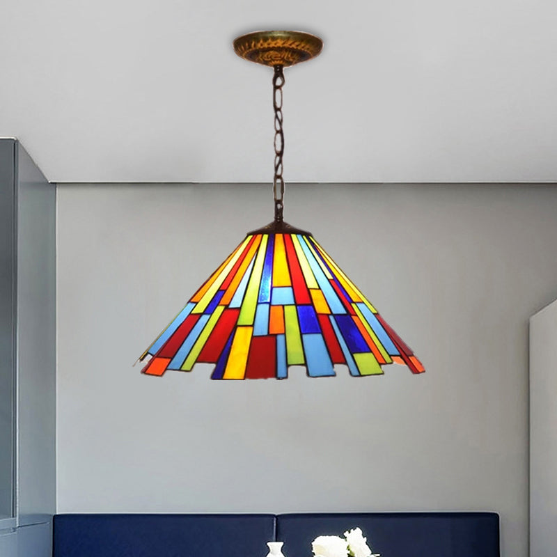 Mission Cone Pendulum Light 8"/13" W 1 Bulb Stained Glass Suspension Lamp in Brass with Rectangle Pattern Brass Clearhalo 'Art Deco Pendants' 'Cast Iron' 'Ceiling Lights' 'Ceramic' 'Crystal' 'Industrial' 'Metal' 'Middle Century Pendants' 'Pendant Lights' 'Pendants' 'Tiffany close to ceiling' 'Tiffany Pendants' 'Tiffany' Lighting' 1711431