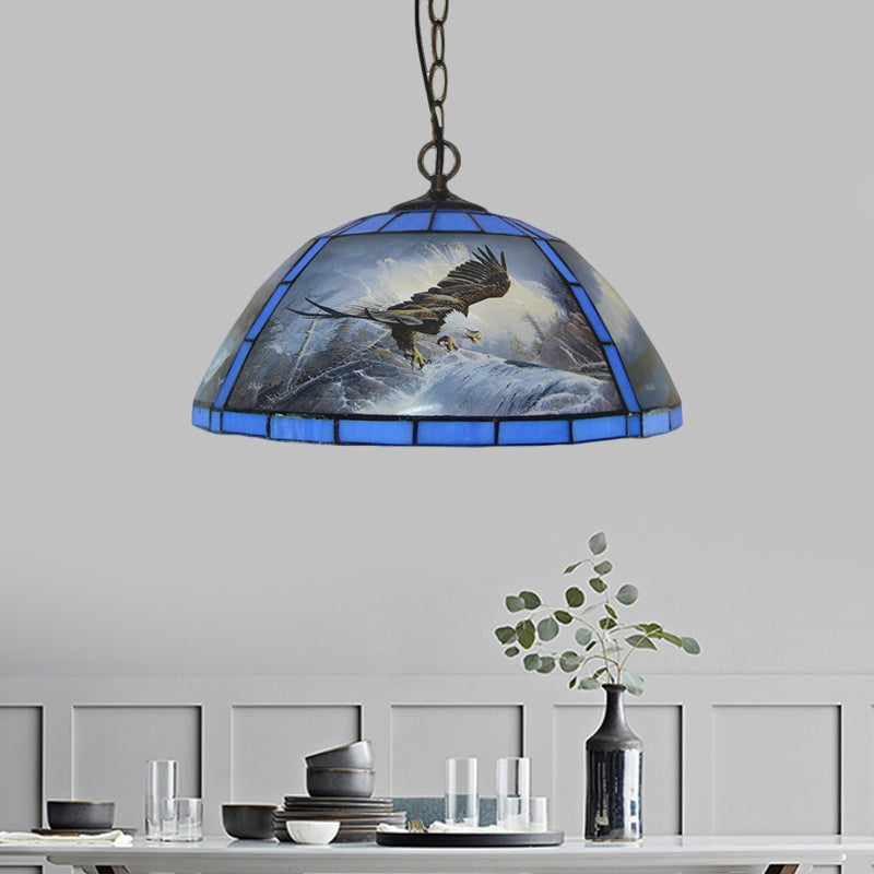 Cut Glass Domed Hanging Light Kit Victorian 1 Bulb Yellow/Blue Pendant Lamp with Eagle Pattern for Dining Room Clearhalo 'Art Deco Pendants' 'Cast Iron' 'Ceiling Lights' 'Ceramic' 'Crystal' 'Industrial' 'Metal' 'Middle Century Pendants' 'Pendant Lights' 'Pendants' 'Tiffany close to ceiling' 'Tiffany Pendants' 'Tiffany' Lighting' 1711437