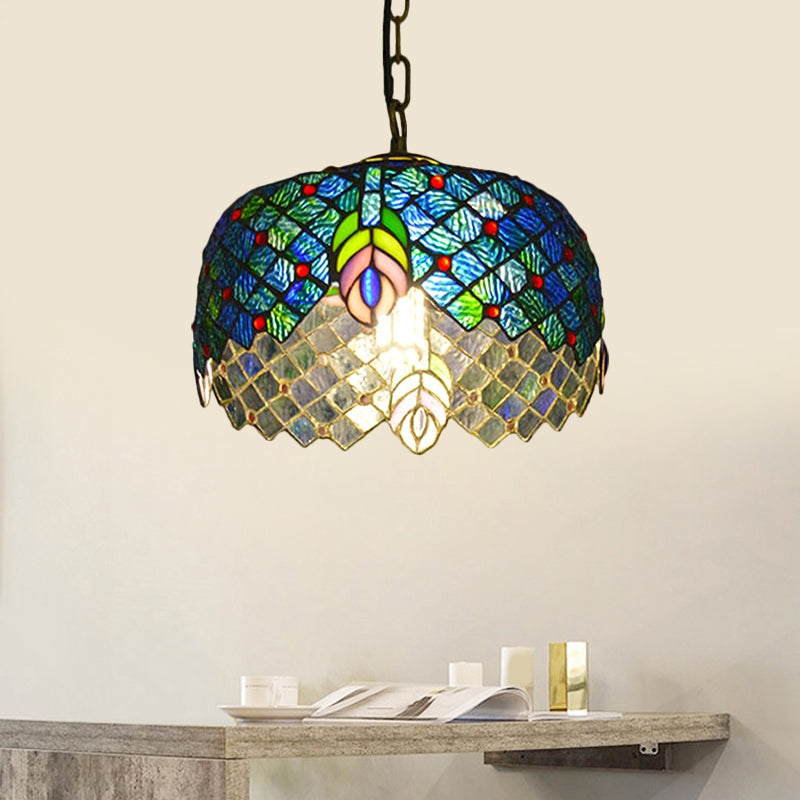 1 Light Peacock Tail Hanging Light Kit Mediterranean Blue Cut Glass Pendant Lighting with Drum Shade Clearhalo 'Art Deco Pendants' 'Cast Iron' 'Ceiling Lights' 'Ceramic' 'Crystal' 'Industrial' 'Metal' 'Middle Century Pendants' 'Pendant Lights' 'Pendants' 'Tiffany close to ceiling' 'Tiffany Pendants' 'Tiffany' Lighting' 1711450