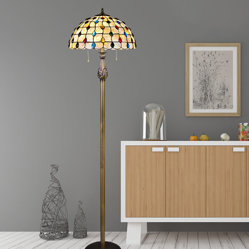 Shell Beaded Reading Floor Lighting Mediterranean 2 Lights White Floor Light with Grid Dome Shade White Clearhalo 'Floor Lamps' 'Lamps' Lighting' 1711552