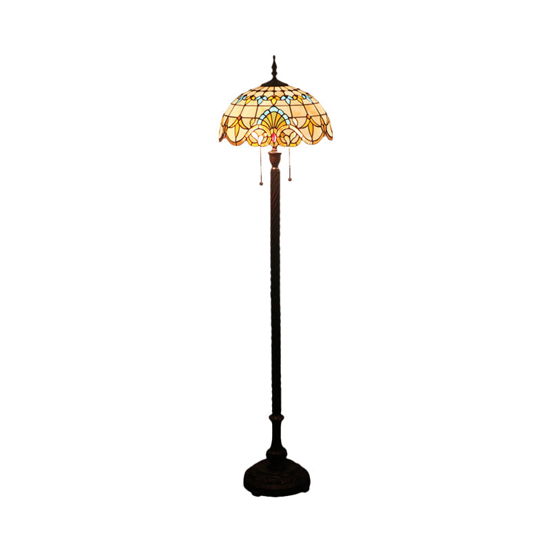 2 Bulbs Standing Light Baroque Dome Shaped Hand Cut Glass Reading Floor Lamp in Black with Pull Chain Clearhalo 'Floor Lamps' 'Lamps' Lighting' 1711571